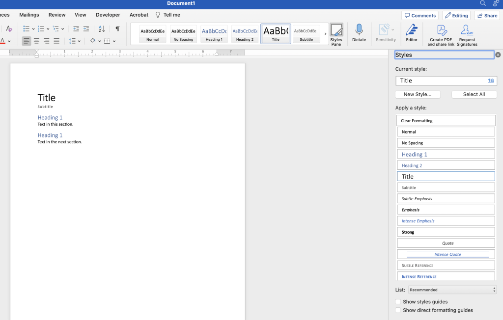 Screenshot of a Microsoft Word document showing the use of Styles for Title, Subtitle, Heading 1, and Normal text