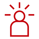 Icon in red of a person with rays radiating from their head, signifying having a good idea