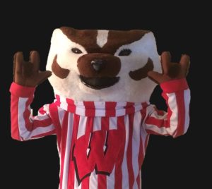 Bucky Badger signing "I love you" with both paws.