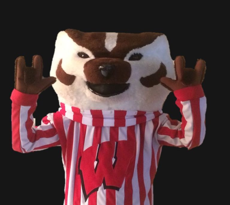 Bucky Badger signing "I love you" with both paws.