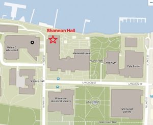 Map showing Shannon Hall in the NW corner of Memorial Union near the Park St turn-around circle