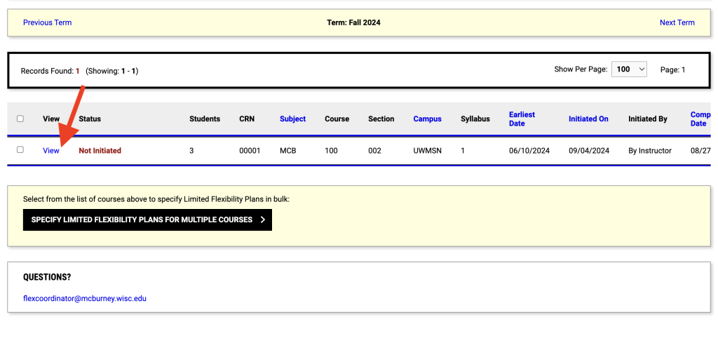 Screenshot showing the "View" link for a class section in the Limited Flexibility Module