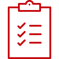 A simplified, red cartoon icon of a clipboard with a checklist.