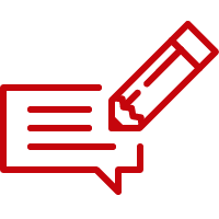 An icon of a text bubble with a pencil writing inside.