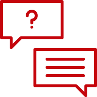 Two speech bubbles, one with a question mark, and one signifying text.