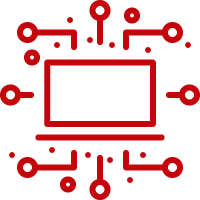 A simplified, red cartoon icon of a computer with digital circuit lines emanating from it in all directions.