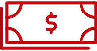 A simplified, red cartoon icon of a dollar bills.