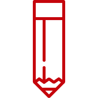A simplified, red cartoon icon of a vertical pencil.
