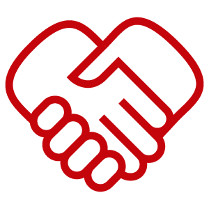 An icon of a handshake, forming the shape of a heart.